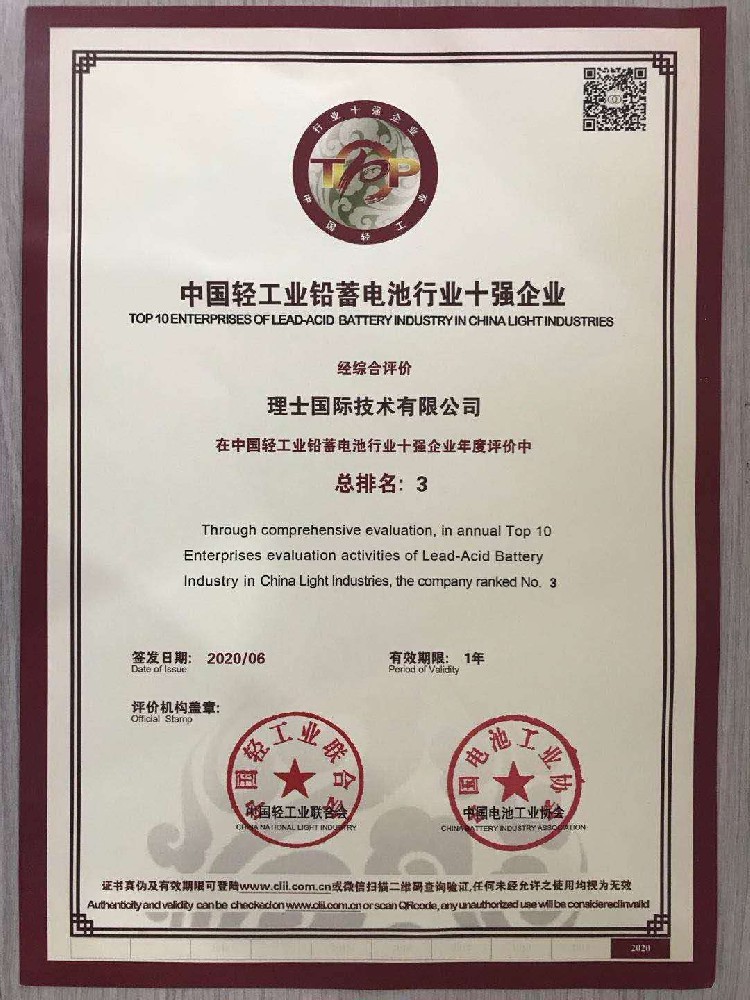 理士國(guó)際入選“中國(guó)輕工業(yè)鉛蓄電池行業(yè)十強(qiáng)企業(yè)”